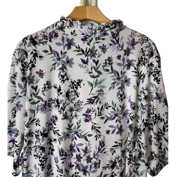 Karl Lagerfeld White Floral Jersey Tie-Neck Short Sleeve Blouse Plus Size 2X - Picture 7 of 8